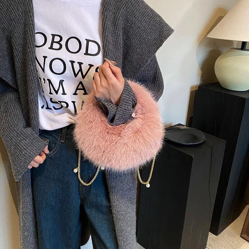 Faux Fur Crossbody Bags Women's Soft Chain Strap Snap Short Wrist Handle Purses