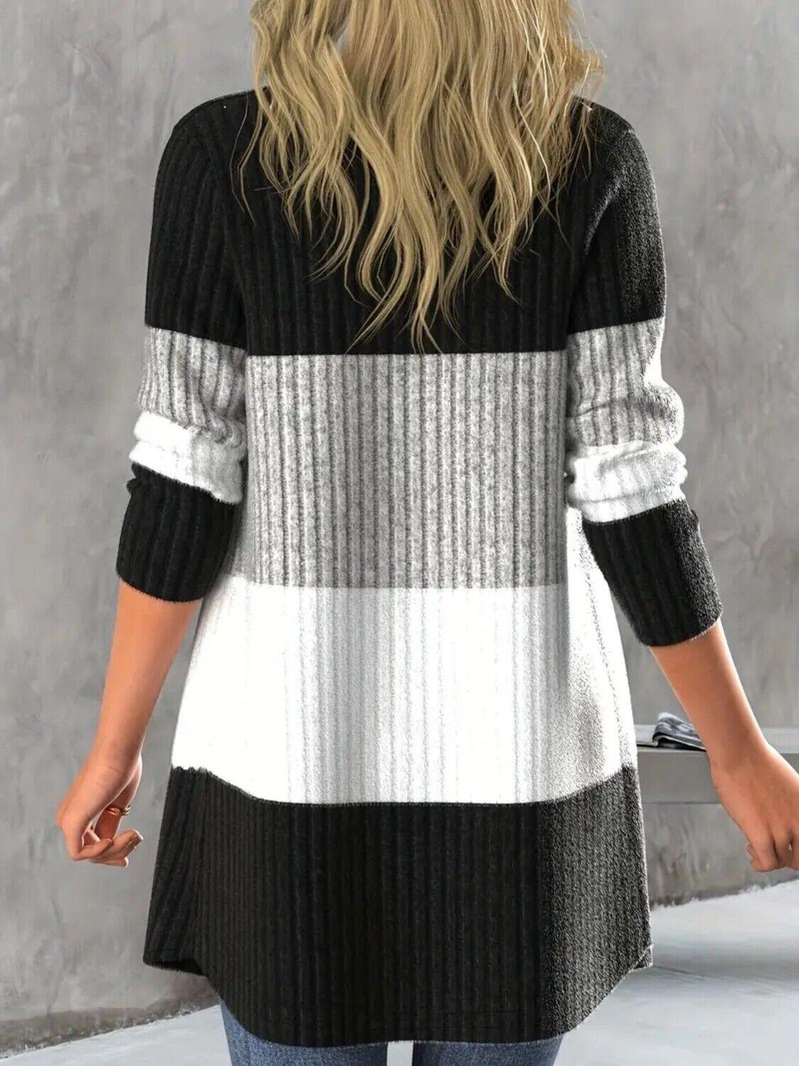 Striped Cardigan Color Block Open Front Long Sleeve Women's Knit Sweater