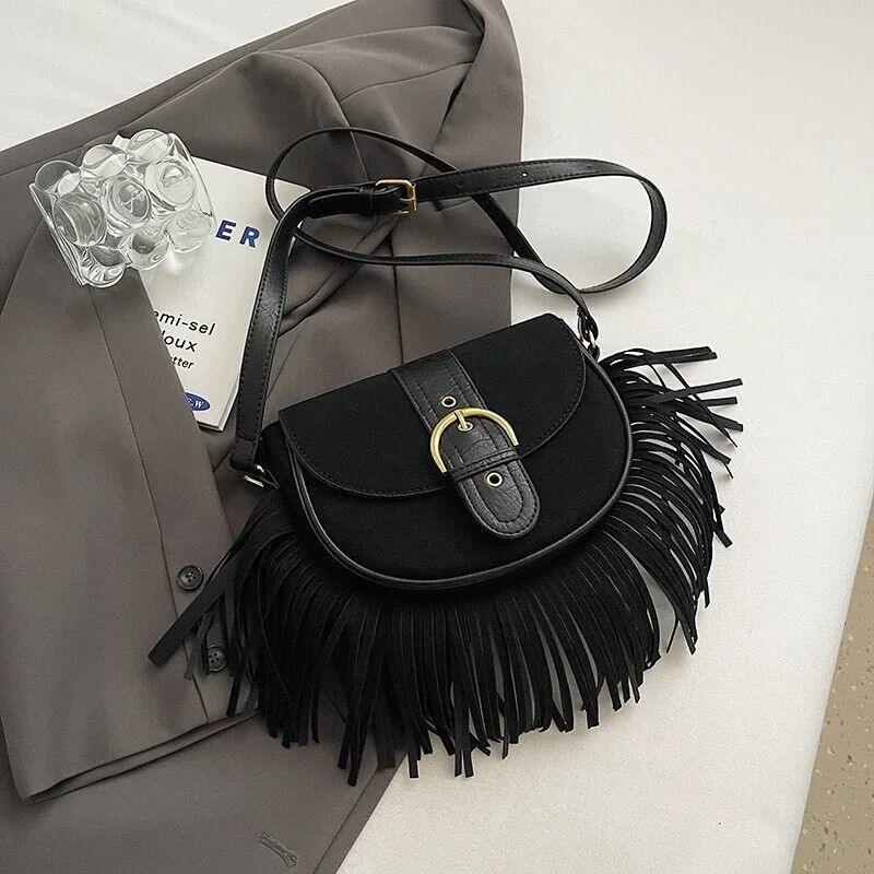 Mini Tassel Saddle Bags Nubuck Leather Flap Belt Buckle Style Women's Crossbody Black 57_1d6eb4c0-bb52-4136-8070-966c810a7f8b STYLEINGER