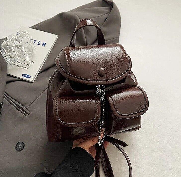 Small Backpacks Chain Drawstring Flap Leather Women's Outer Flap Pockets Bags