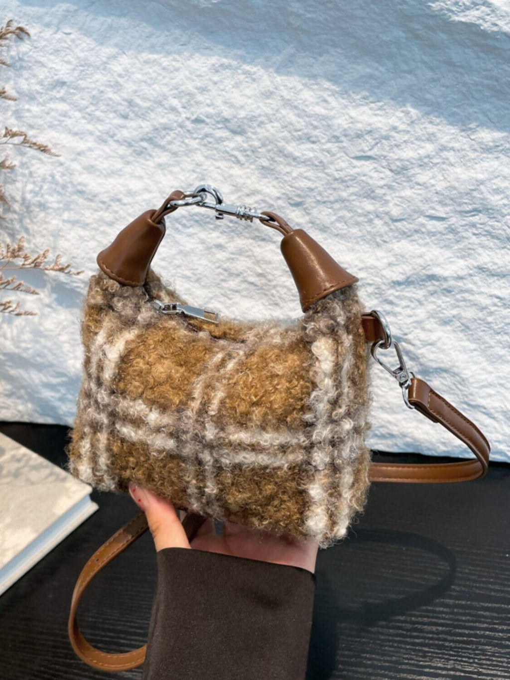Mini Plaid Handbag Fuzzy Polyester Lock Handle Zipper Crossbody Camel 57_1db19f59-f99f-40c3-a936-9916c5d5a3e4 STYLEINGER