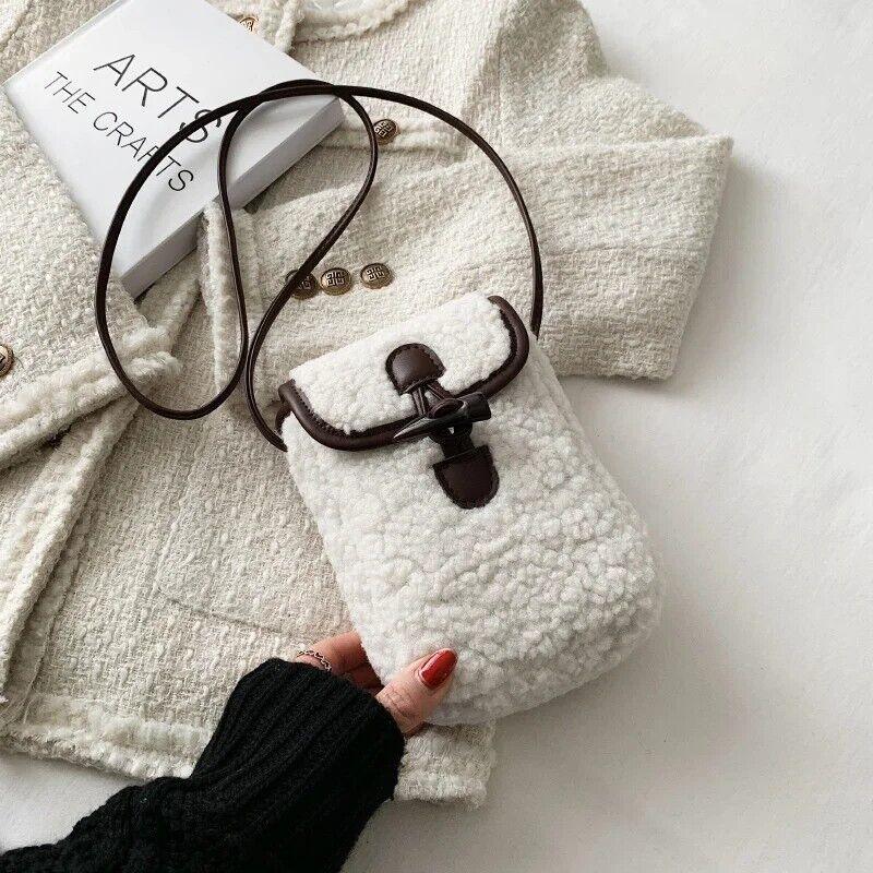 Mini Soft Lamb Down Fabric Plush Women's Toggle Flap Crossbody Phone Purses White #1