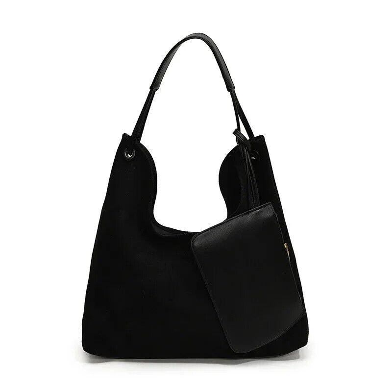 Large Nubuck Leather Hobo Bags Women Snap Soft Handbags with Mini Wallet Black