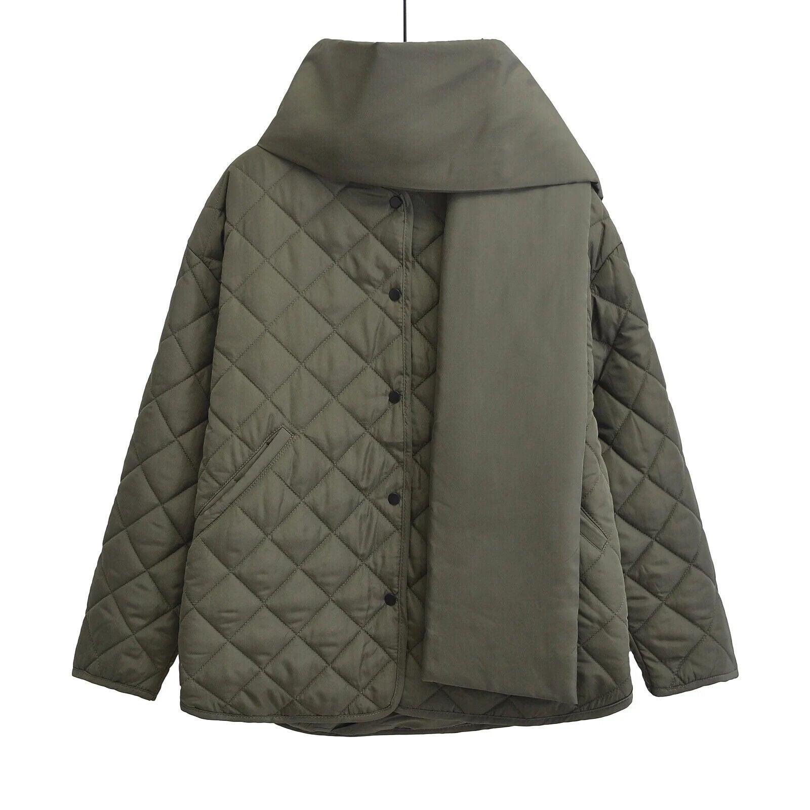 Women's Padded Jacket Twist Collared Wide Waisted Argyle Diamond Pocketed Coat Army Green 57_2106bddc-e0ec-408d-85b0-0d8186657c37 STYLEINGER