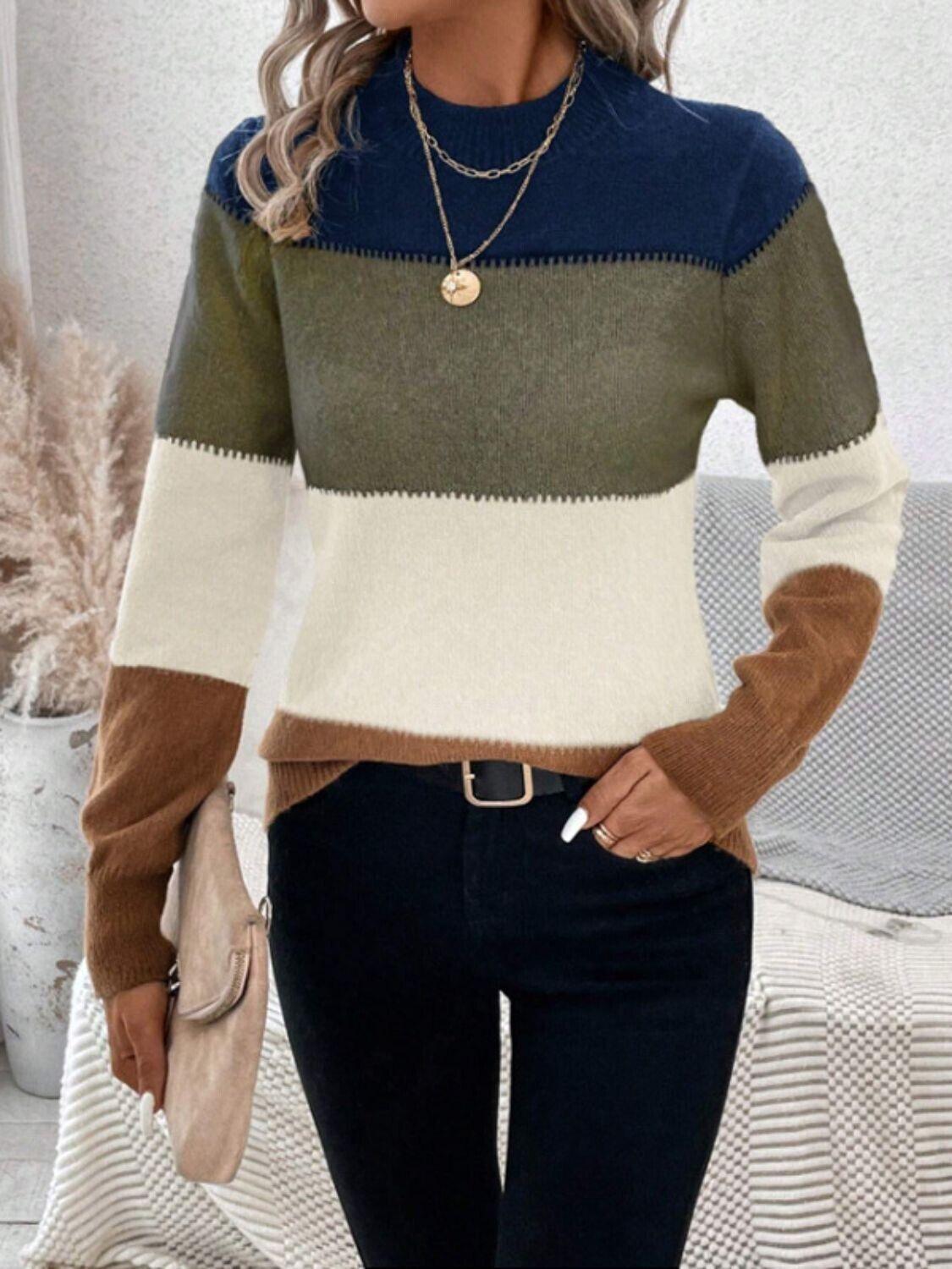 Striped Women Sweater Color Block Mock Neck Long Sleeve Soft Acrylic Pullover 57_21b39fae-31f5-438d-8555-39d475cfee49 STYLEINGER