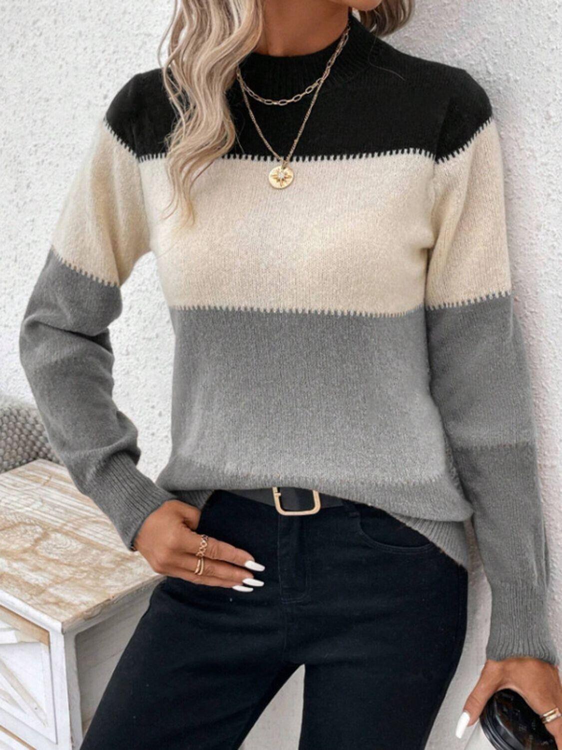 Striped Women Sweater Color Block Mock Neck Long Sleeve Soft Acrylic Pullover 57_22dcd58f-986f-4503-8a3e-facff1250acb STYLEINGER