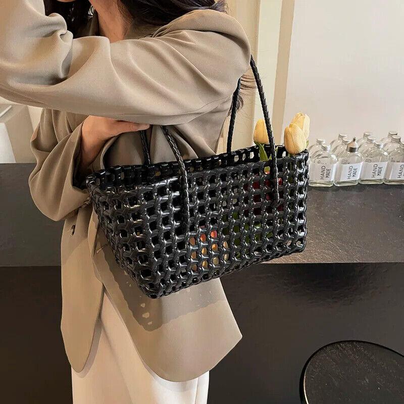 Woven Plaid Tote Basket Women Handbags PVC Open Double Handles Shopper Bags