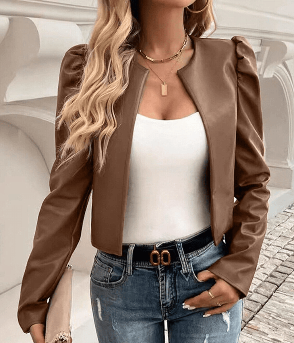 Faux Leather Cropped Jacket Open Front Puff Long Sleeve Women's Outwear 57_243a0e97-b678-418b-b4f5-7c0a5f78da8b STYLEINGER