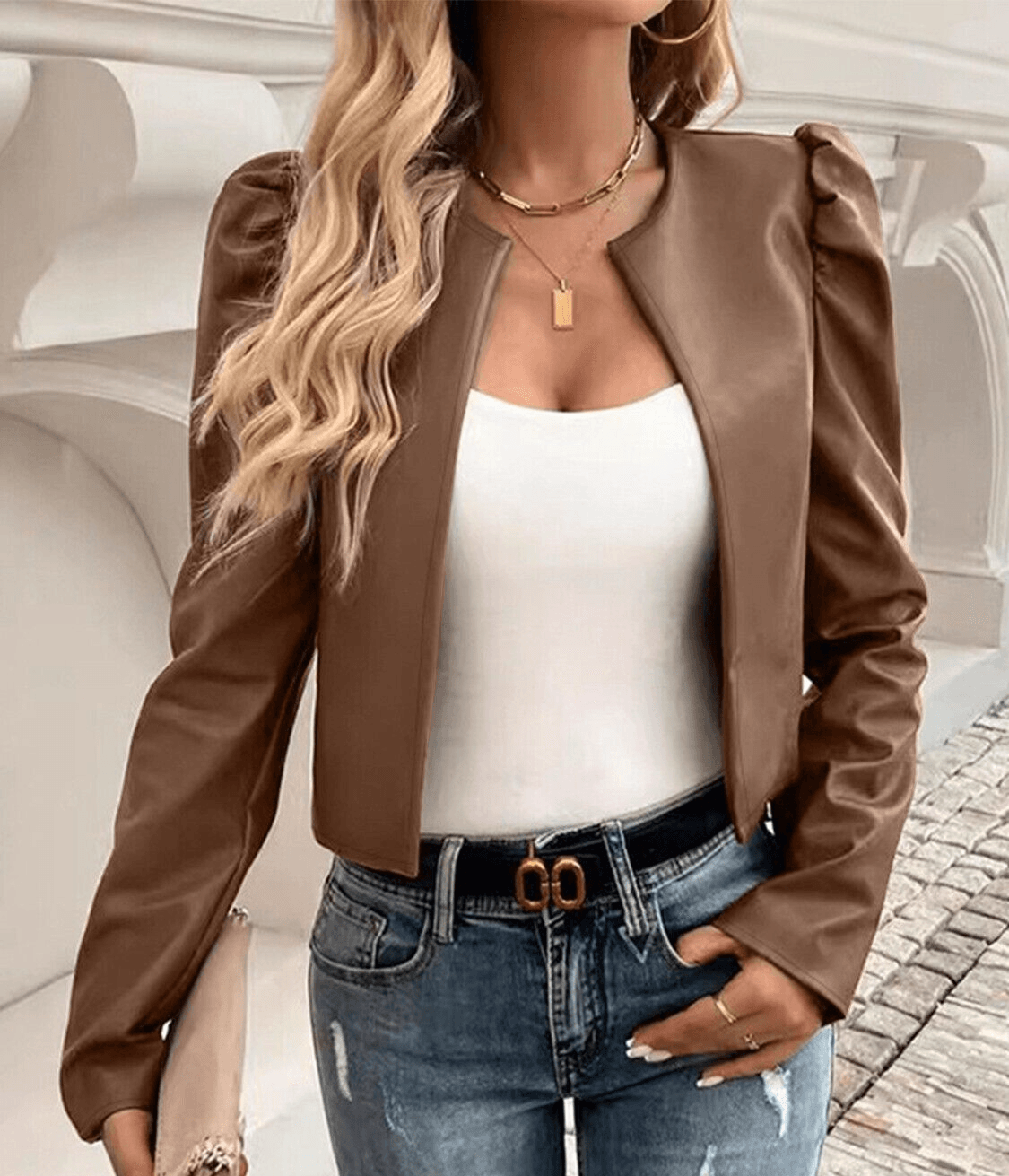 Faux Leather Cropped Jacket Open Front Puff Long Sleeve Women's Outwear 57_243a0e97-b678-418b-b4f5-7c0a5f78da8b STYLEINGER