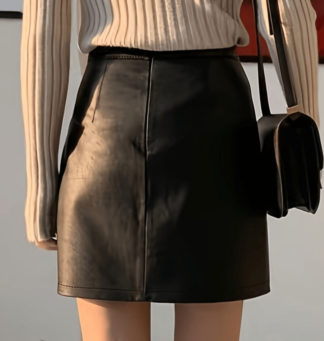 Leather Mini Skirt Black Front Slit A-Line Women's Fashionable Solid Short Skirt