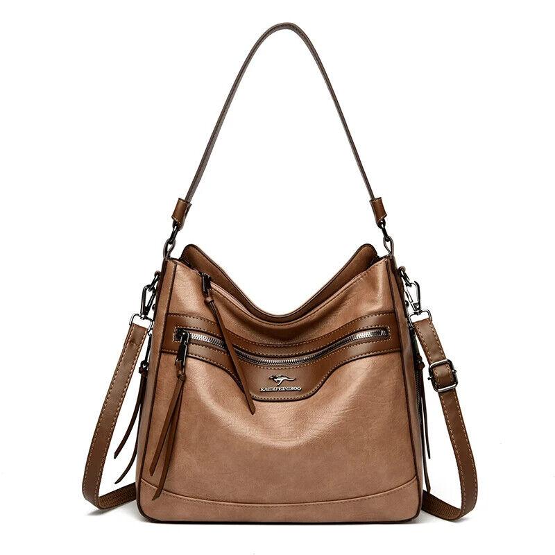 Women's Large Handbag Soft Leather Zipper Pockets Bucket Bags Purses Khaki