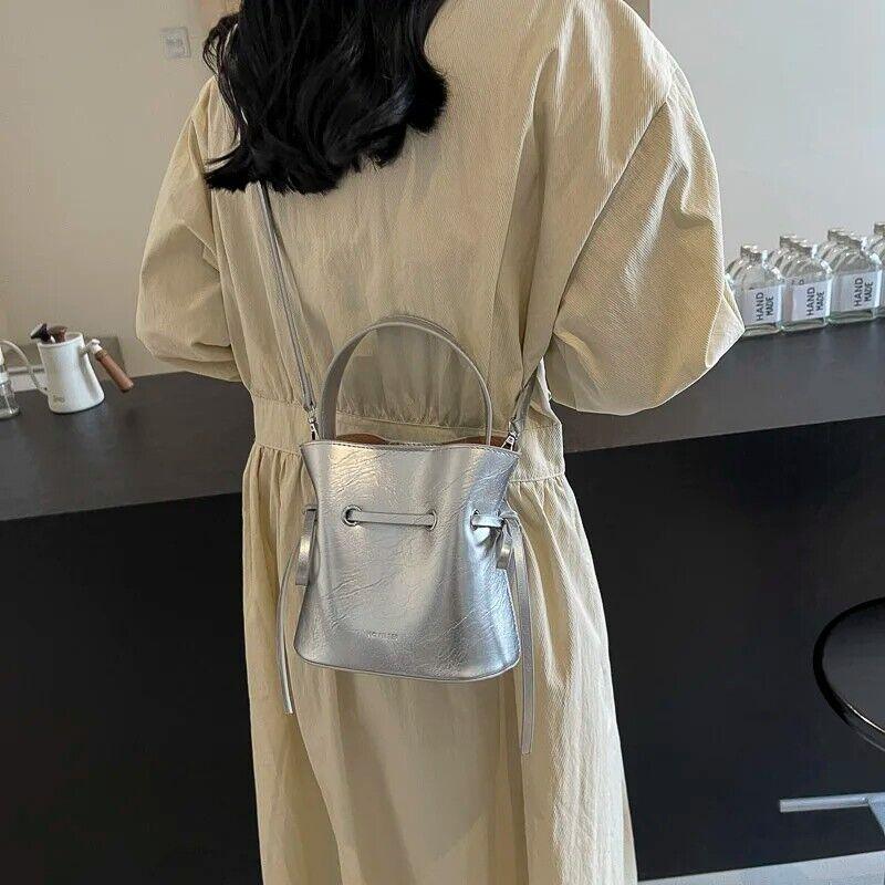 Mini Leather Bucket Bags Soft 2 in 1 Removable Pouch Drawstring Snap Crossbody