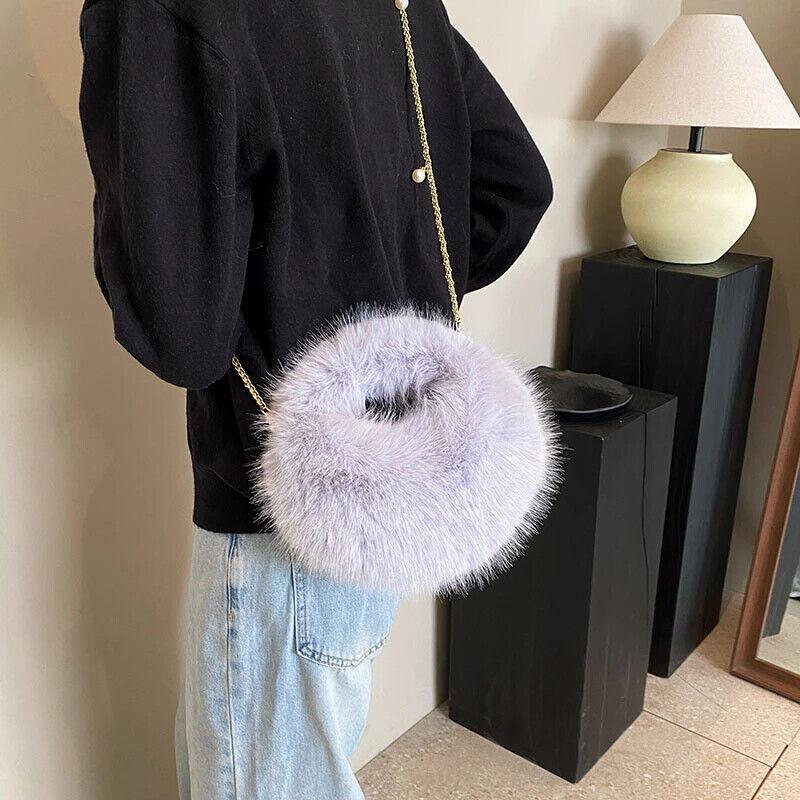 Faux Fur Crossbody Bags Women's Soft Chain Strap Snap Short Wrist Handle Purses