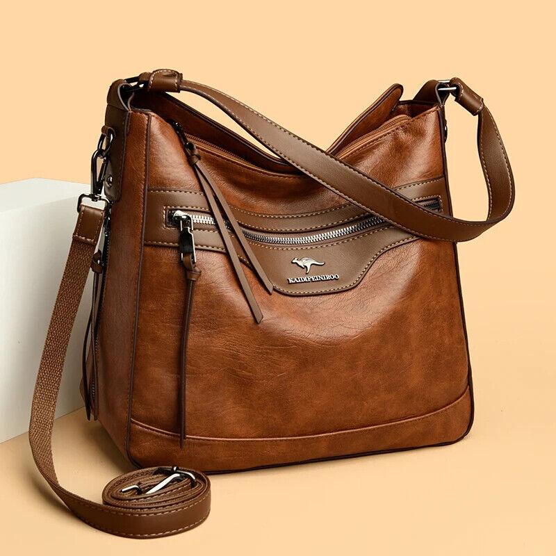 Women's Large Handbag Soft Leather Zipper Pockets Bucket Bags Purses