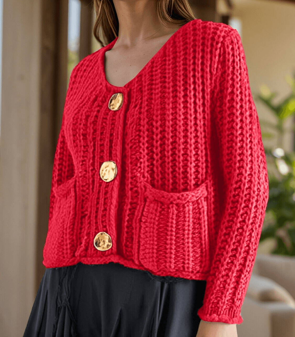 Buttoned Cardigan Women Front Pockets Single Breasted Knit Acrylic Sweater