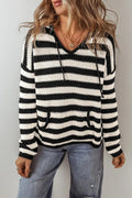 Women's Striped Cotton Blend Knit Sweater Long Sleeve Hooded Knitwear Black 57_28174001-5334-4a16-954e-97fae462db38 STYLEINGER