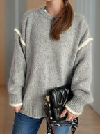 Women Contrast Trim Sweater Round Neck Dropped Shoulder Long Sleeve Pullover 57_2969966f-7252-4544-9525-7e3d822dc23e STYLEINGER