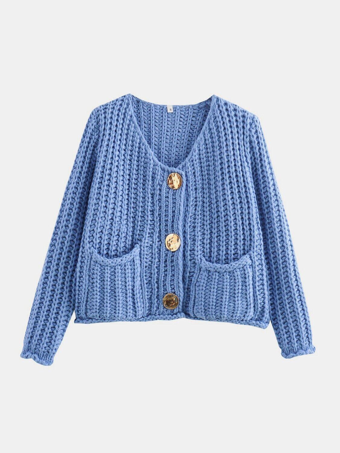 Buttoned Cardigan Women Front Pockets Single Breasted Knit Acrylic Sweater