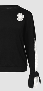Black Sweatshirt Lace Floral Detail Tied Cuff Long Sleeve Women Fashionable Top 57_2d34deee-13f6-4005-99c2-451695793da4 STYLEINGER