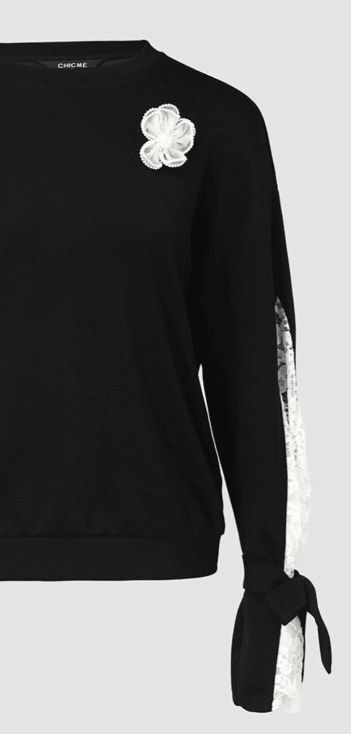 Black Sweatshirt Lace Floral Detail Tied Cuff Long Sleeve Women Fashionable Top 57_2d34deee-13f6-4005-99c2-451695793da4 STYLEINGER