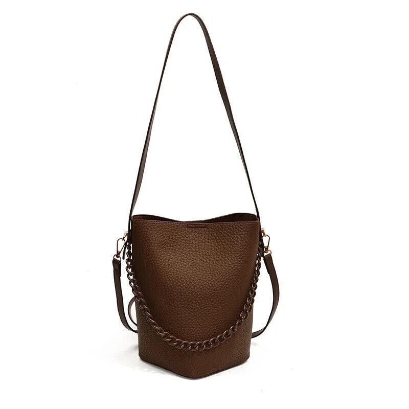 Leather Bucket Bags Small 2 in 1 Snap and Zipper Women's Chain Handle Purses Dark Brown 57_2d3fb893-a71f-4071-b168-41705137824c STYLEINGER