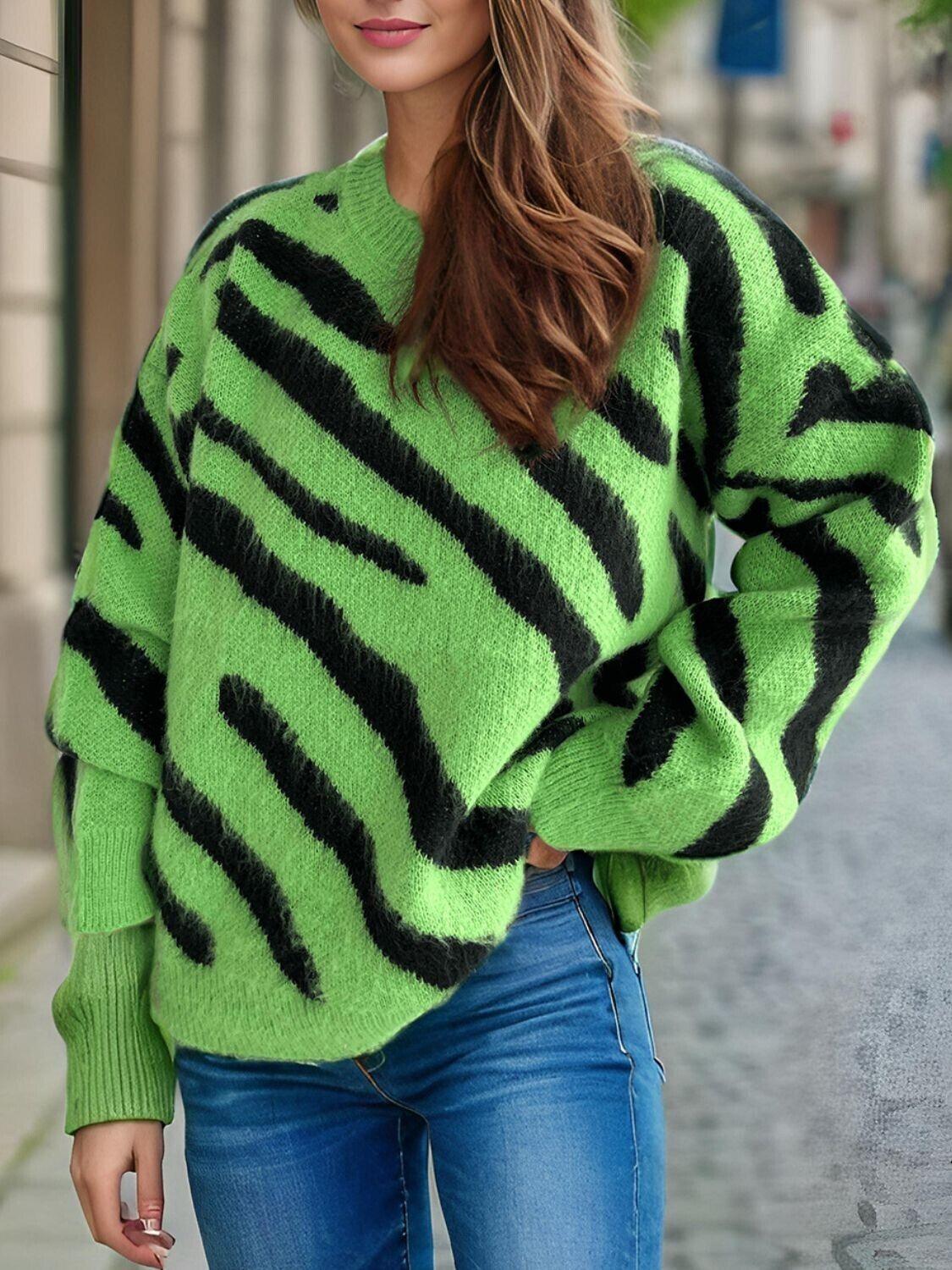 Women Knit Sweater Zebra Contrast Pattern Round Neck Long Sleeve Pullover 57_2d3fc73c-7db2-4128-aee8-a13a8bee7f04 STYLEINGER