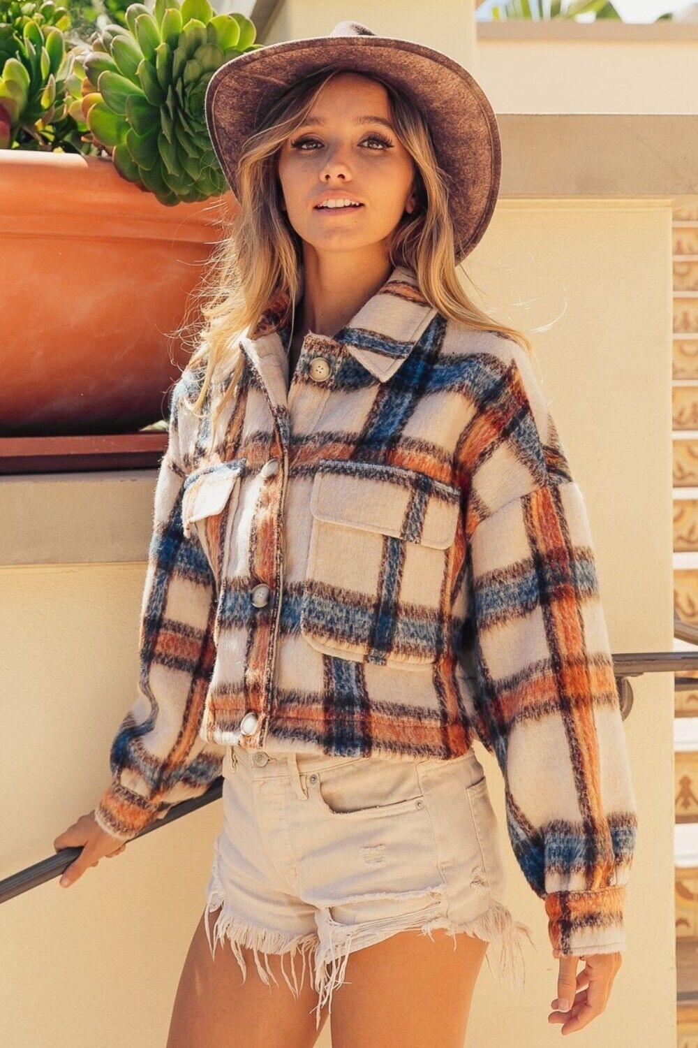 BiBi Crop Jacket USA Stock Women Brushed Plaid Long Sleeve with Pockets