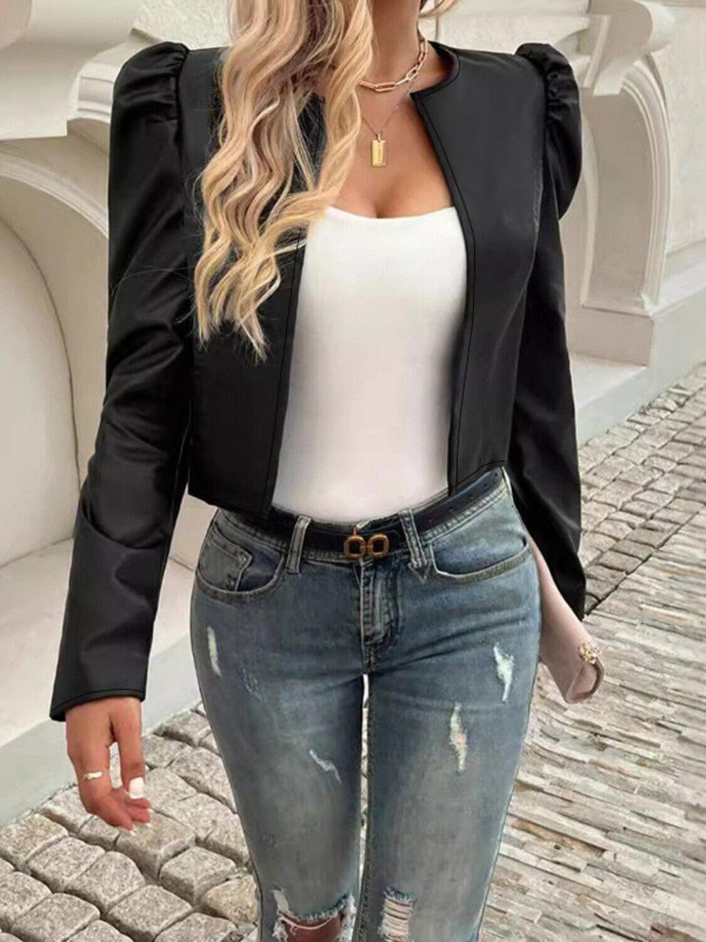 Faux Leather Cropped Jacket Open Front Puff Long Sleeve Women's Outwear 57_2f02533c-4fb9-4556-ad7c-4cc3eb327ed3 STYLEINGER