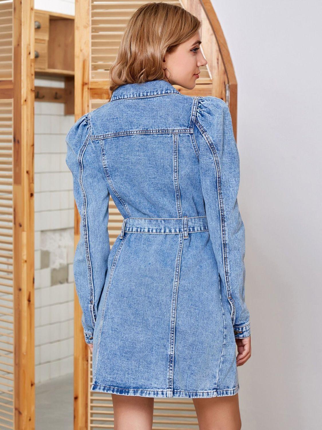 Denim Shirt Dress Tied Button Up Collared Neck Puff Long Sleeve with Belt