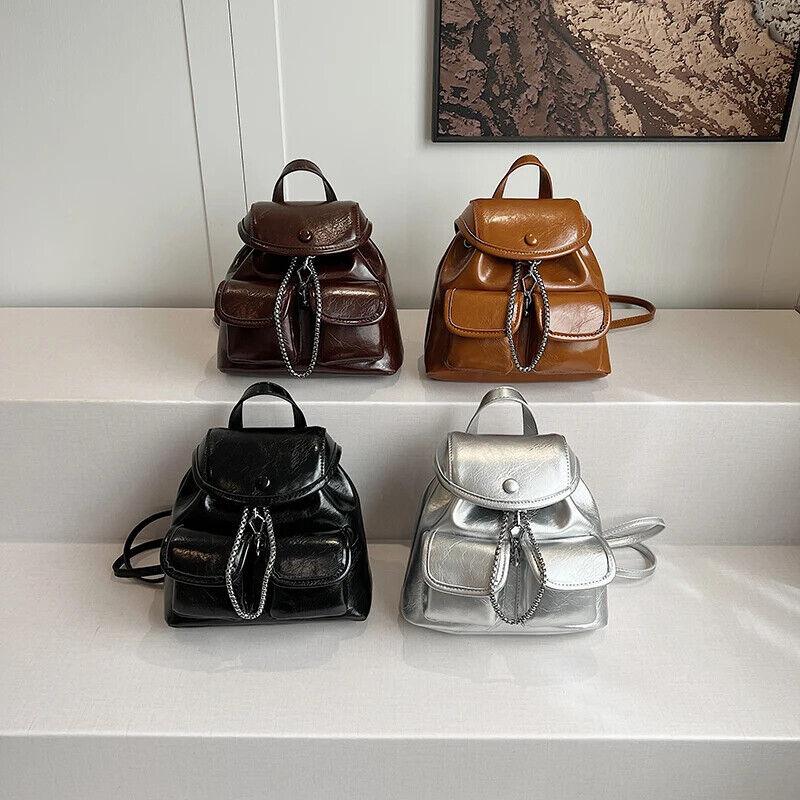 Small Backpacks Chain Drawstring Flap Leather Women's Outer Flap Pockets Bags