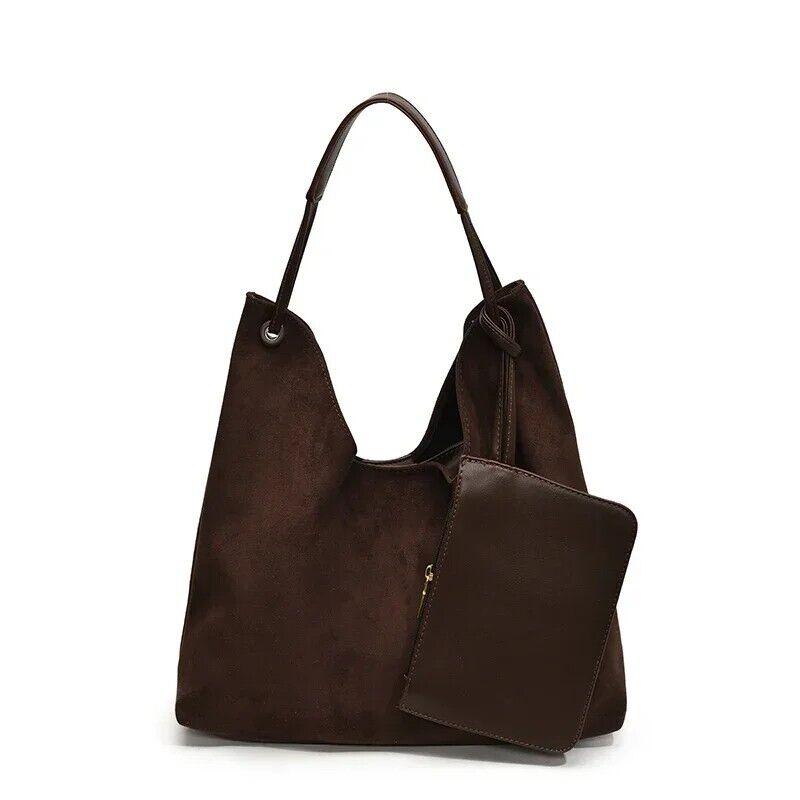 Large Nubuck Leather Hobo Bags Women Snap Soft Handbags with Mini Wallet Dark Brown