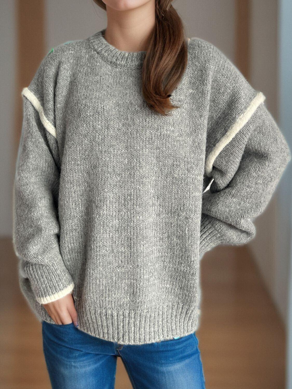 Women Contrast Trim Sweater Round Neck Dropped Shoulder Long Sleeve Pullover 57_33fb6275-251e-47bc-be6b-39300f34bede STYLEINGER