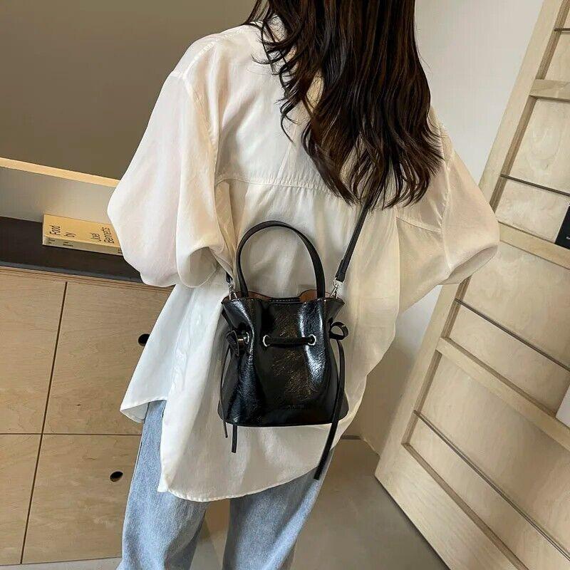Mini Leather Bucket Bags Soft 2 in 1 Removable Pouch Drawstring Snap Crossbody