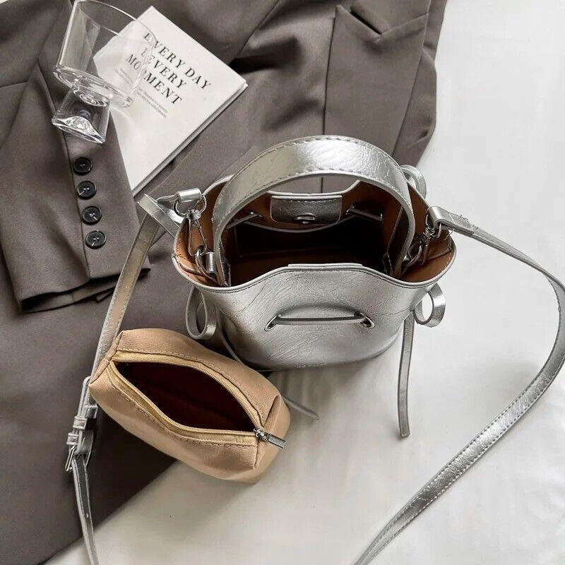 Mini Leather Bucket Bags Soft 2 in 1 Removable Pouch Drawstring Snap Crossbody