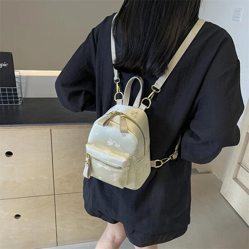 Backpack Mini Floral Embroidered Fabric Zipper Short Handle Outer Pocket Handbag