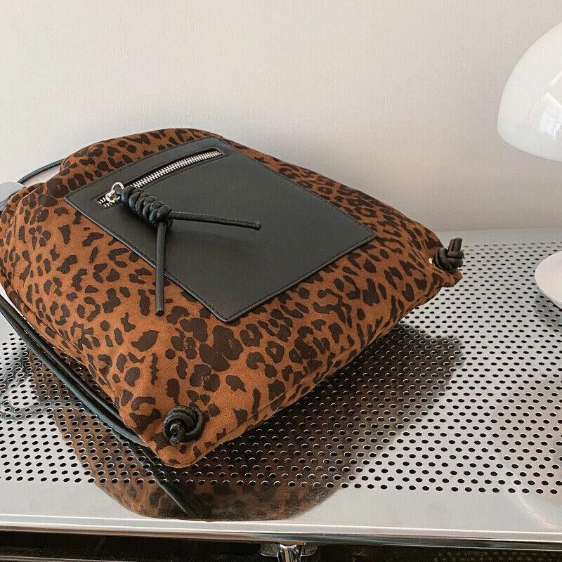 Nubuck Leather Leopard Backpacks Drawstring Large Soft Outer Zip Pocket Handbags