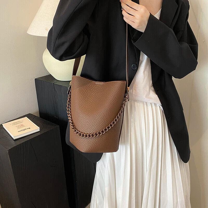 Leather Bucket Bags Small 2 in 1 Snap and Zipper Women's Chain Handle Purses