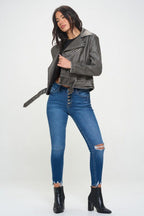 Coalition LA 100% Vegan Leather Black Zip Up Biker Jacket Pocketed with Belt 57_3694295d-13f5-45bb-bf56-4505c8a24840 STYLEINGER