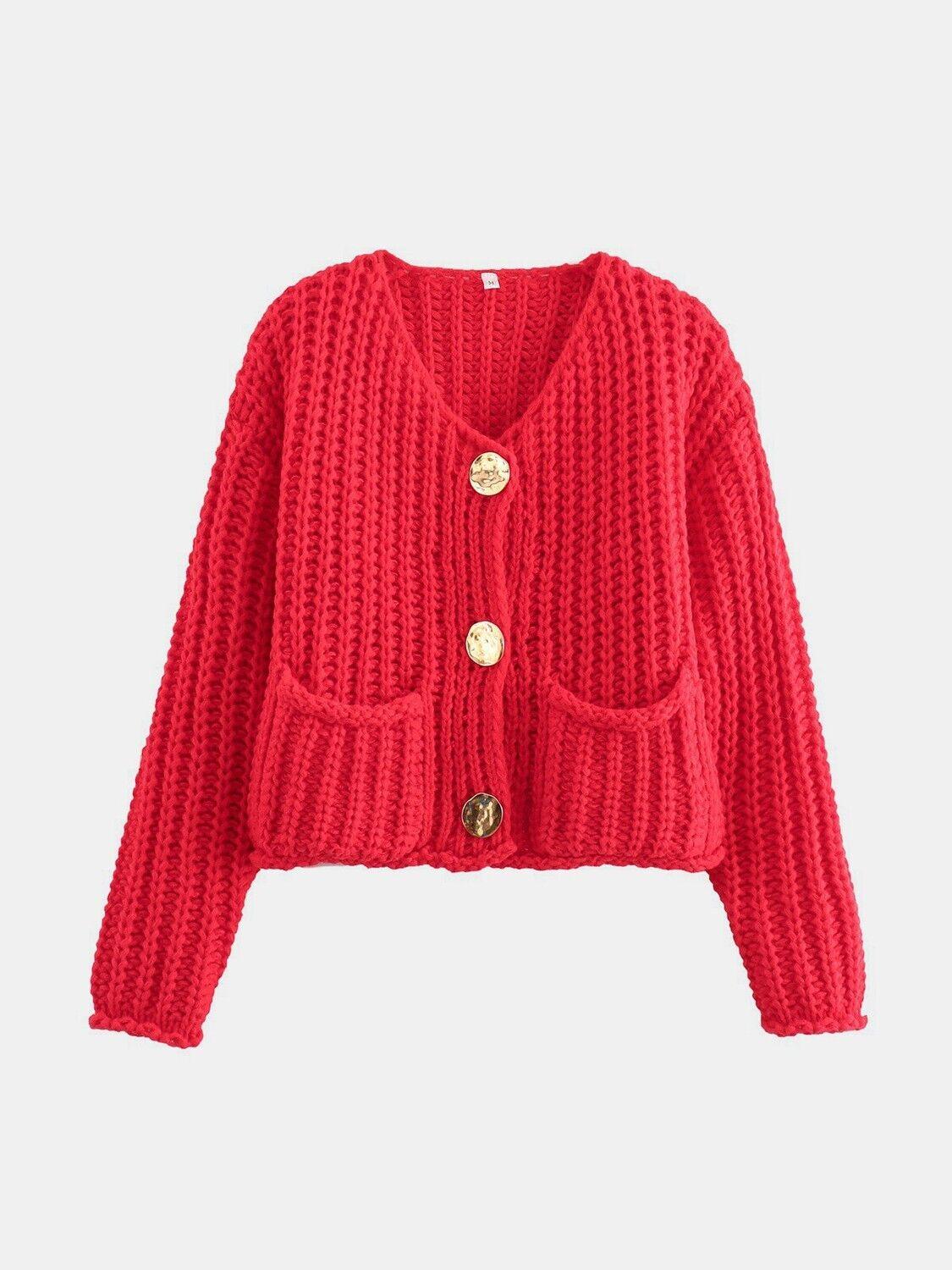 Buttoned Cardigan Women Front Pockets Single Breasted Knit Acrylic Sweater