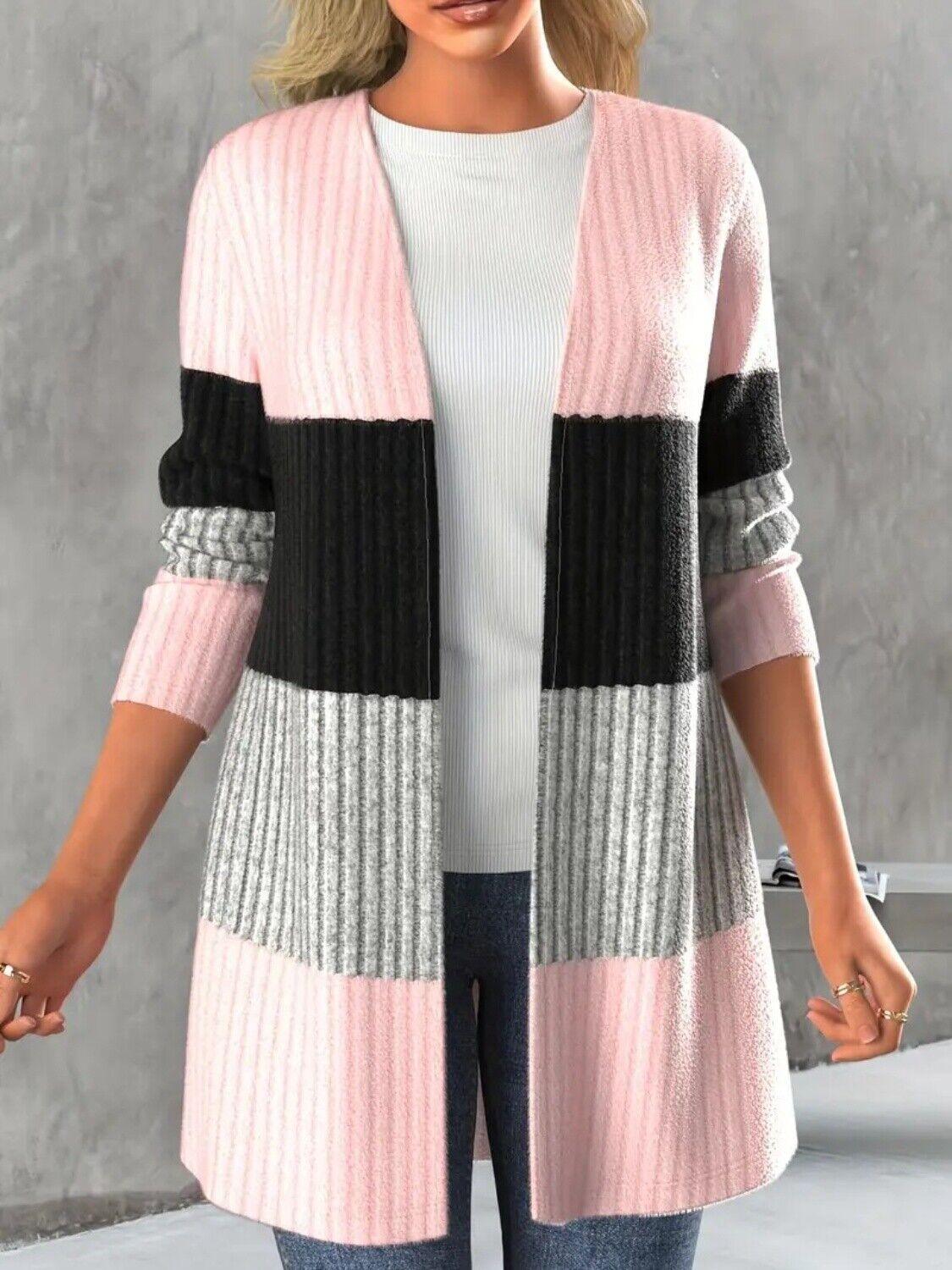 Striped Cardigan Color Block Open Front Long Sleeve Women's Knit Sweater