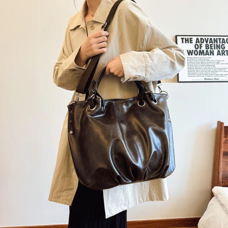 Leather Tote Bags Extra Large Women Zipper Double Handles Soft Pleated Handbag