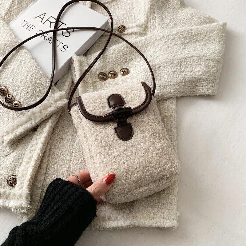 Mini Soft Lamb Down Fabric Plush Women's Toggle Flap Crossbody Phone Purses Beige #2