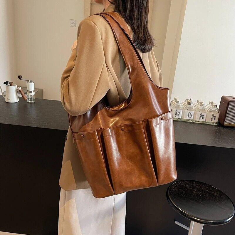 Large Leather Shoulder Bags 3 Outer Pleated Pockets Style Zipper Women Handbags