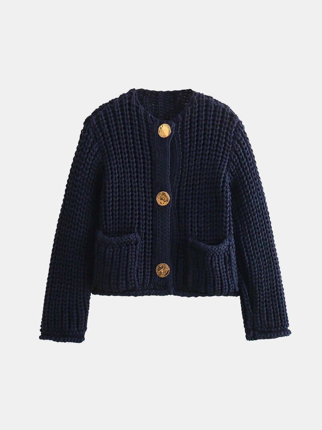 Buttoned Cardigan Women Front Pockets Single Breasted Knit Acrylic Sweater