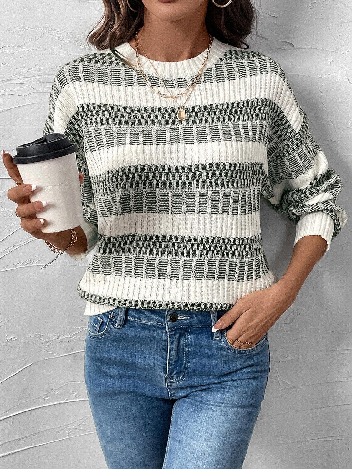 Sweater Contrast Striped Round Neck Long Sleeve Women's Soft Casual Knitwear 57_3d0d176c-58c8-42b9-a89b-d5d830d00cee STYLEINGER