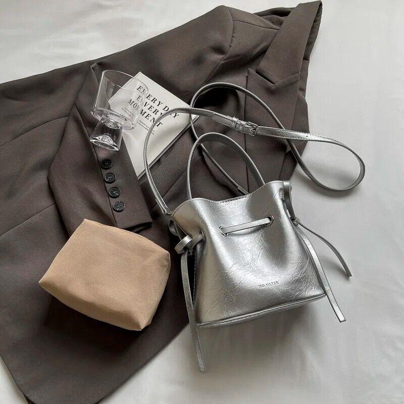 Mini Leather Bucket Bags Soft 2 in 1 Removable Pouch Drawstring Snap Crossbody