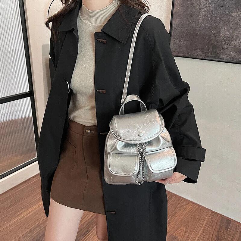 Small Backpacks Chain Drawstring Flap Leather Women's Outer Flap Pockets Bags