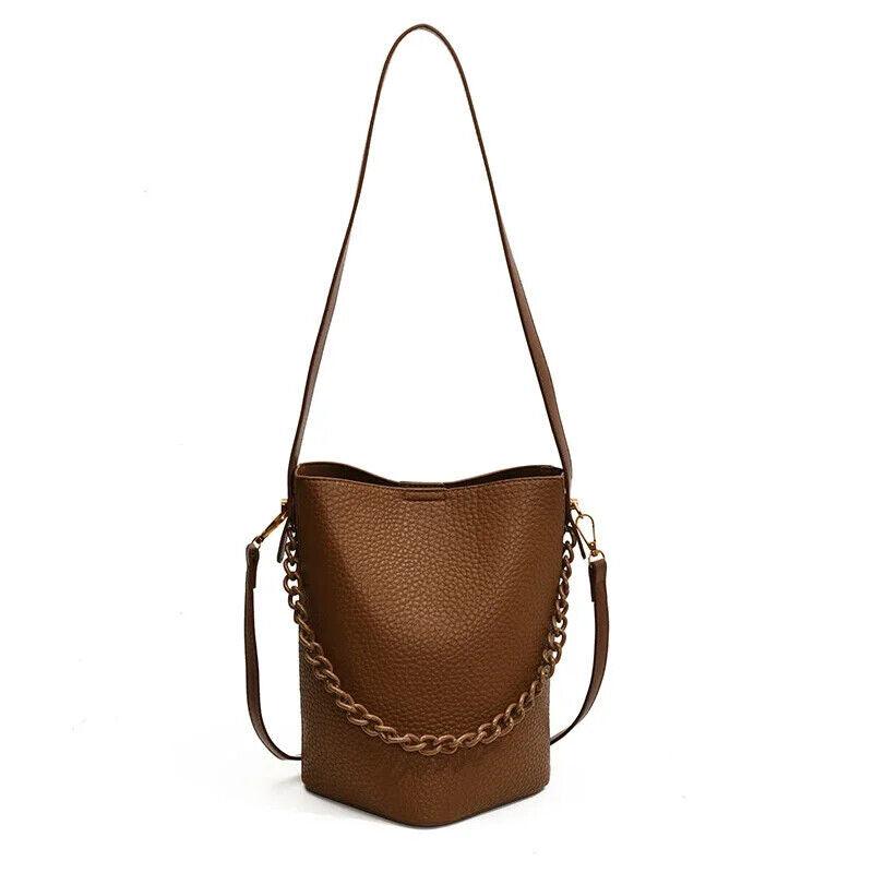 Leather Bucket Bags Small 2 in 1 Snap and Zipper Women's Chain Handle Purses