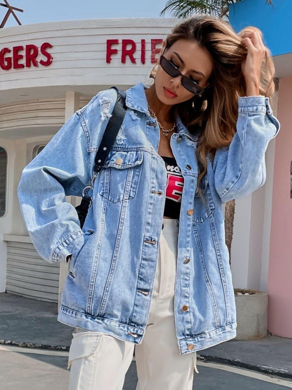 Distressed Denim Jacket Women Button Up Long Sleeve Pocketed Outwear