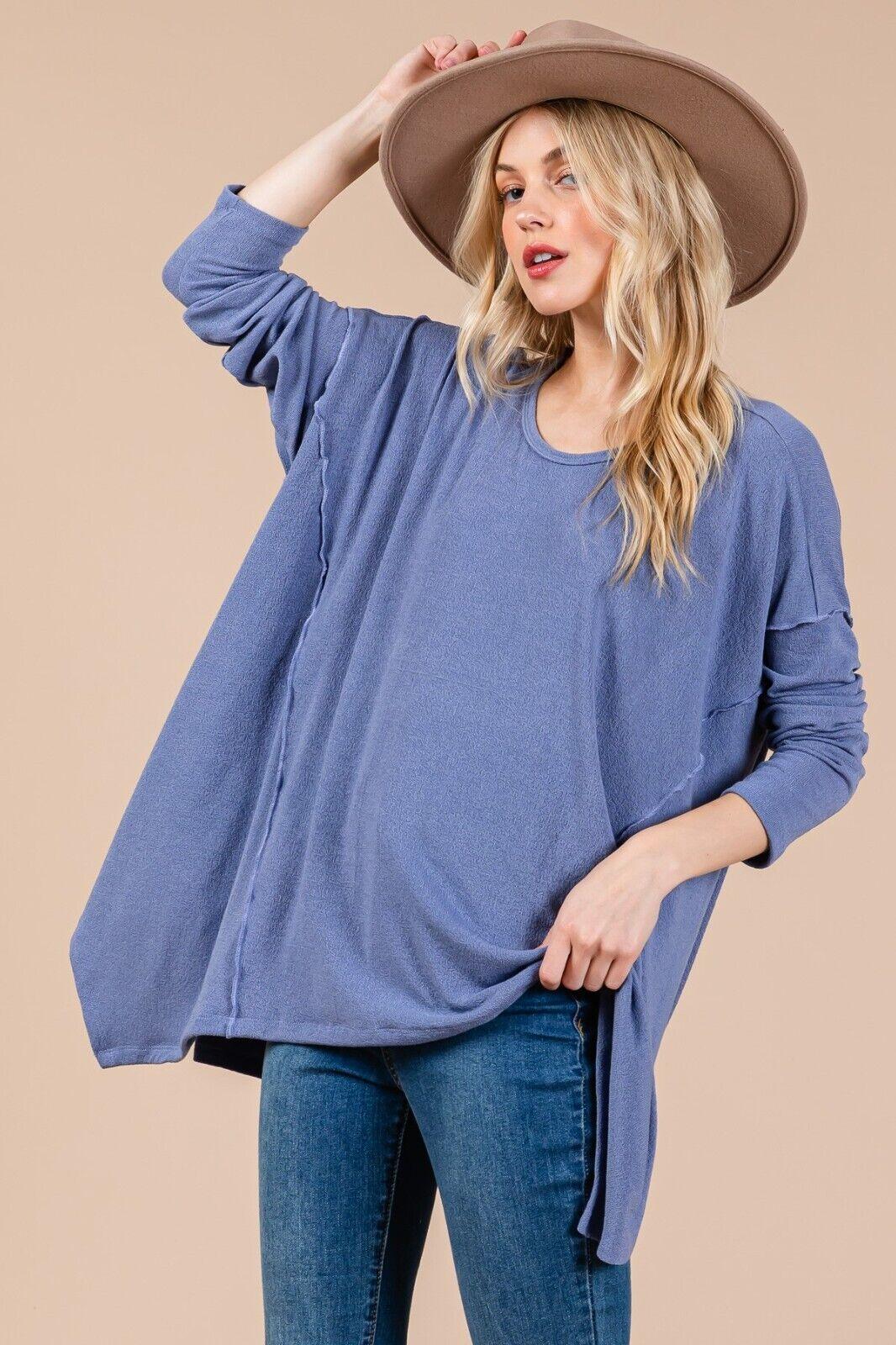 Ces Femme Top Oversized Women Asymmetrical Long Sleeve Dusty Blue Exposed Seams 57_424d43b6-028a-4acf-8a89-2b24b664436a Trendsi